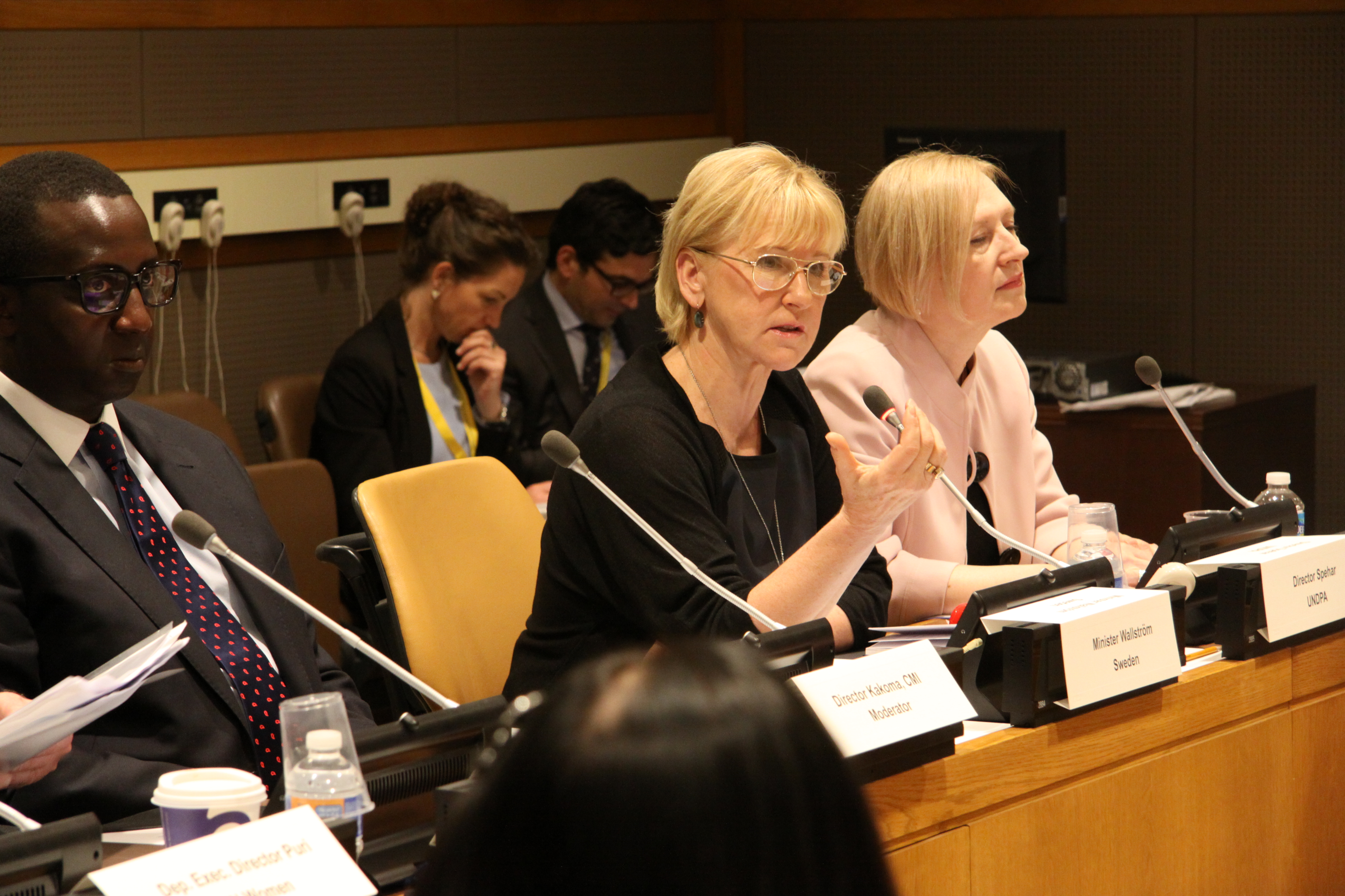 CMI’s Itonde Kakoma (left), Swedish Foreign Minister Margot Wallström and Director of the Policy and Mediation Division at the UN headquarters Elizabeth Spehar at the high level meeting on women in mediation last week.