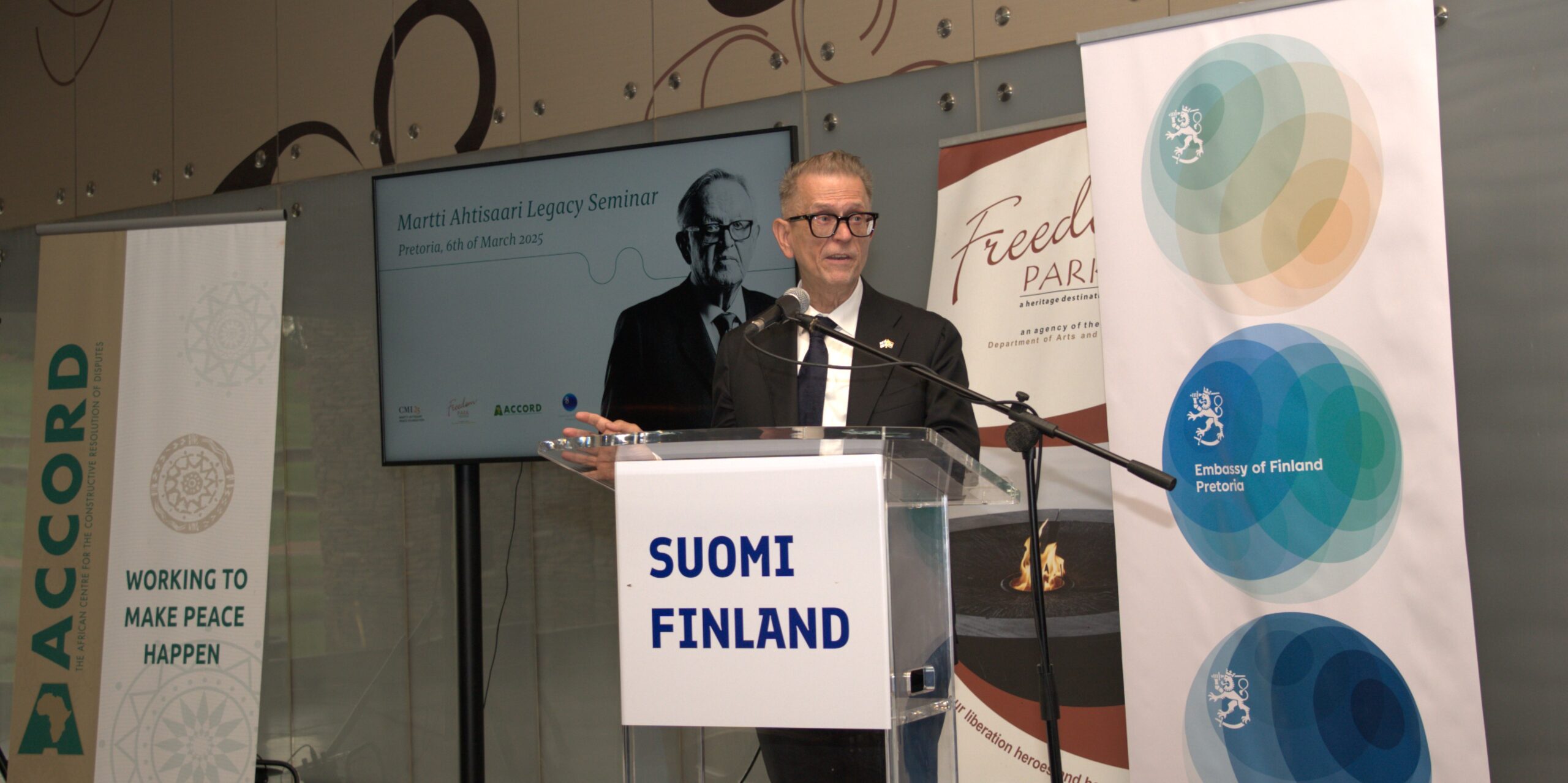 The Ambassador of Finland to South Africa Pekka Metso speaking at a podium